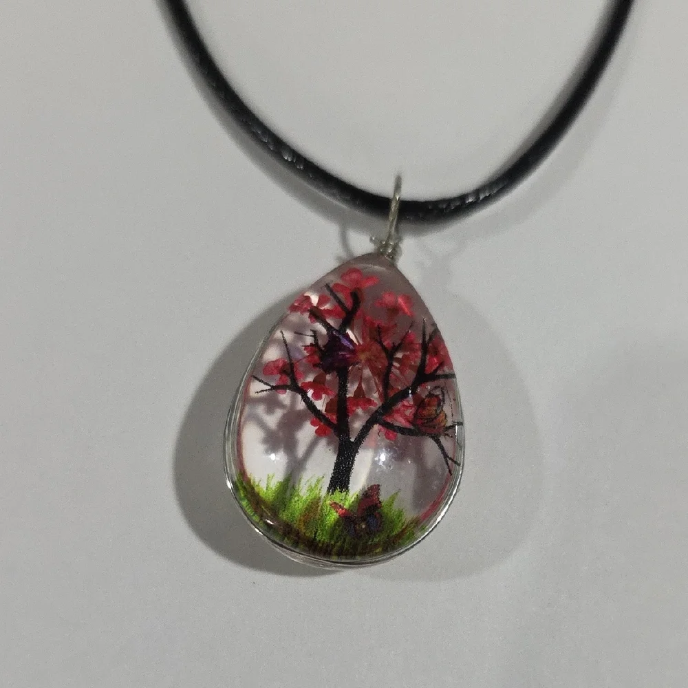 Teardrop Pendant Necklace – Red Blossom Floral Resin Jewelry on a Black Cord